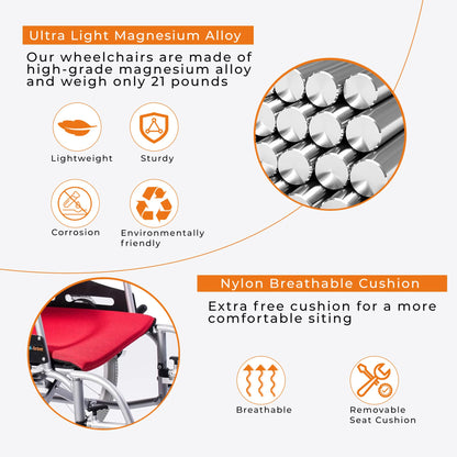 SUMELL Magnesium Lightweight Wheelchair - FSA HSA Eligible 21lbs Self propelled Chair with Travel Bag and Cushion, Portable and Folding 17.5” W Seat, Park & Brake Anti Tipper, Ultra Light, Red