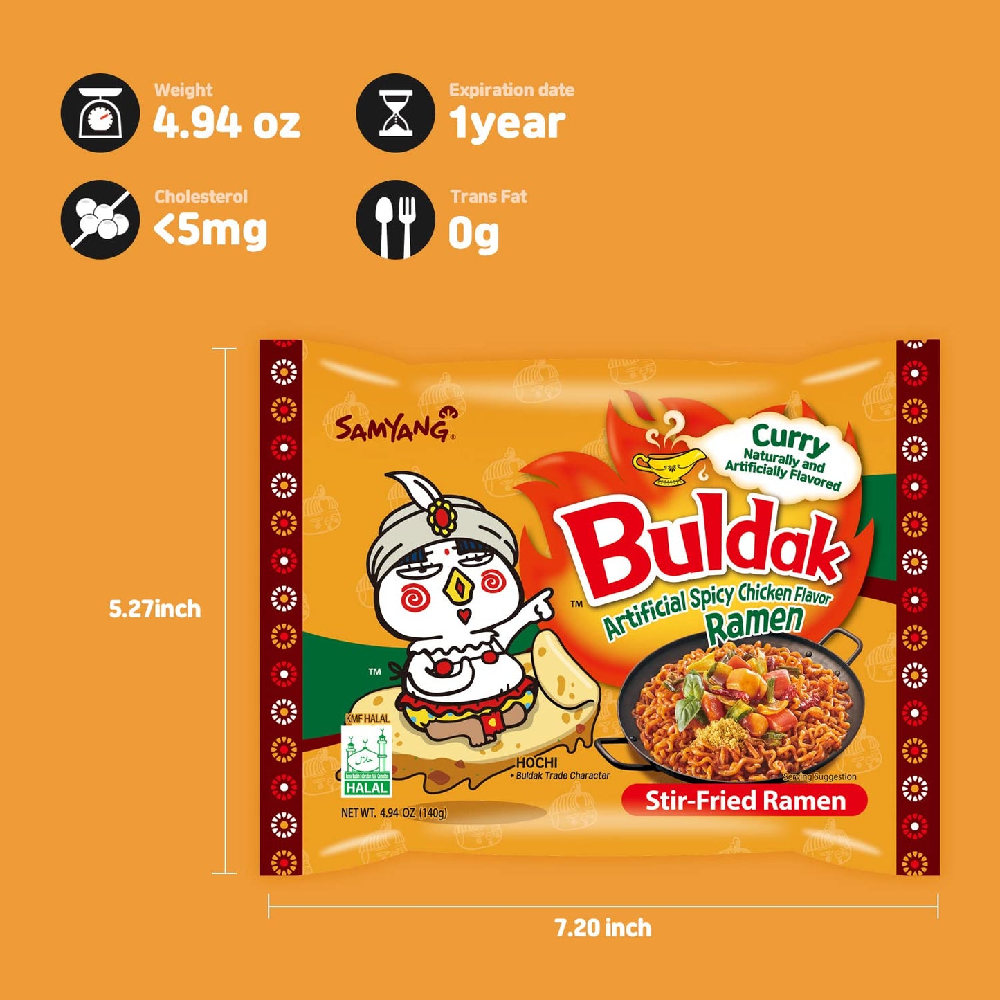 Samyang Curry Buldak Korean Spicy Hot Chicken Stir Fried Ramen Noodles 4.94oz (Pack of 5)