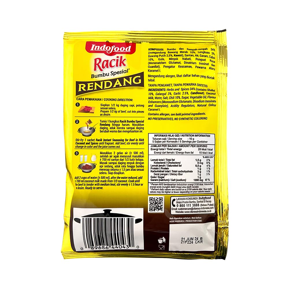 Indofood Rendang - Beef in Chili & Coconut Seasoning, 50 Gram (Pack of 4)