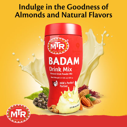 MTR Badam Drink Mix – 500g Pack of 1, Multi-purpose Drink Mix, Premium Almond Drink Mix made with select quality Almonds, Saffron & Cardamom, Authentic Indian Flavor, Quick & Easy to Prepare, Ideal for Desserts