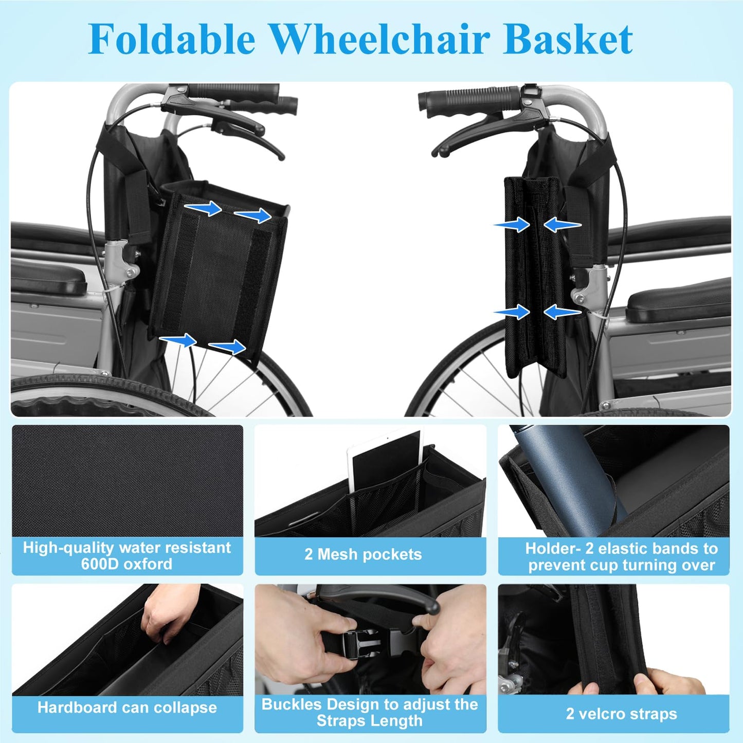 Dotday Wheelchair Basket for Back, Large Capacity Wheelchair Backpack Storage Bag with Cup Holder