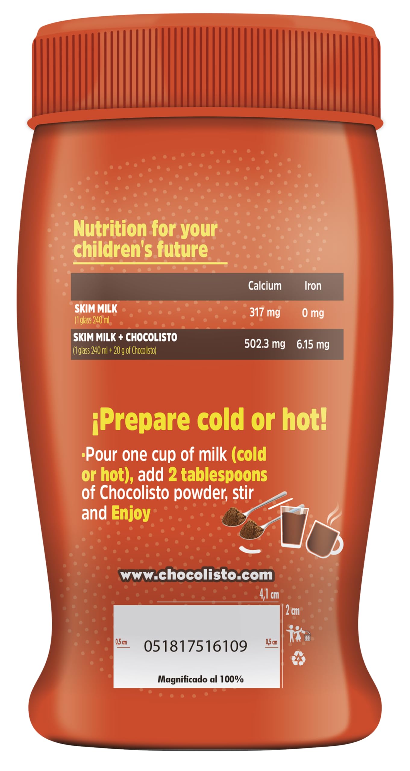 Chocolisto Instant Chocolate Drink, Nutritious Beverage with Vitamins and Minerals, 10.5 oz, Pack of 1.