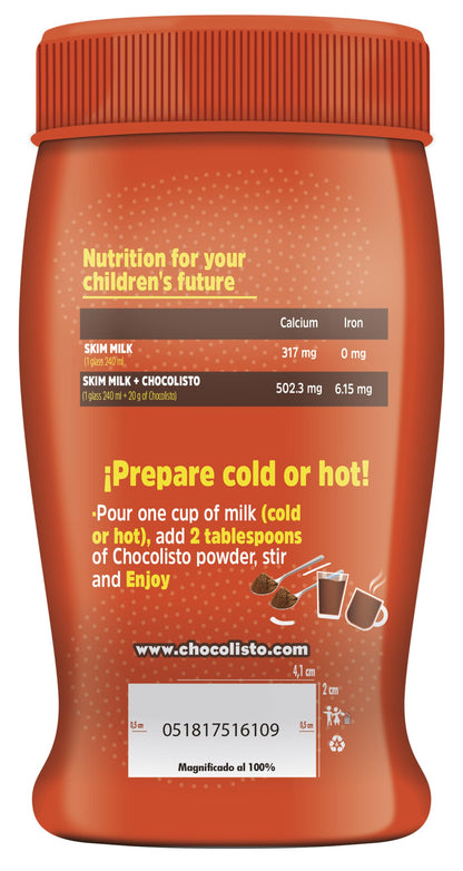 Chocolisto Instant Chocolate Drink, Nutritious Beverage with Vitamins and Minerals, 10.5 oz, Pack of 1.