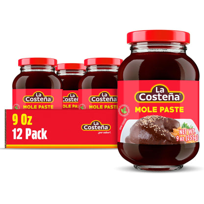 La Costeña Mild Mole Sauce - Traditional Paste with Ancho Chiles, Cacao & Spices - Mexican Food, Enchilada Seasoning, Meat Marinade, Rice, Tamale, Taco, Burger, Comida Mexicana - 9oz, 12 Pack Jar