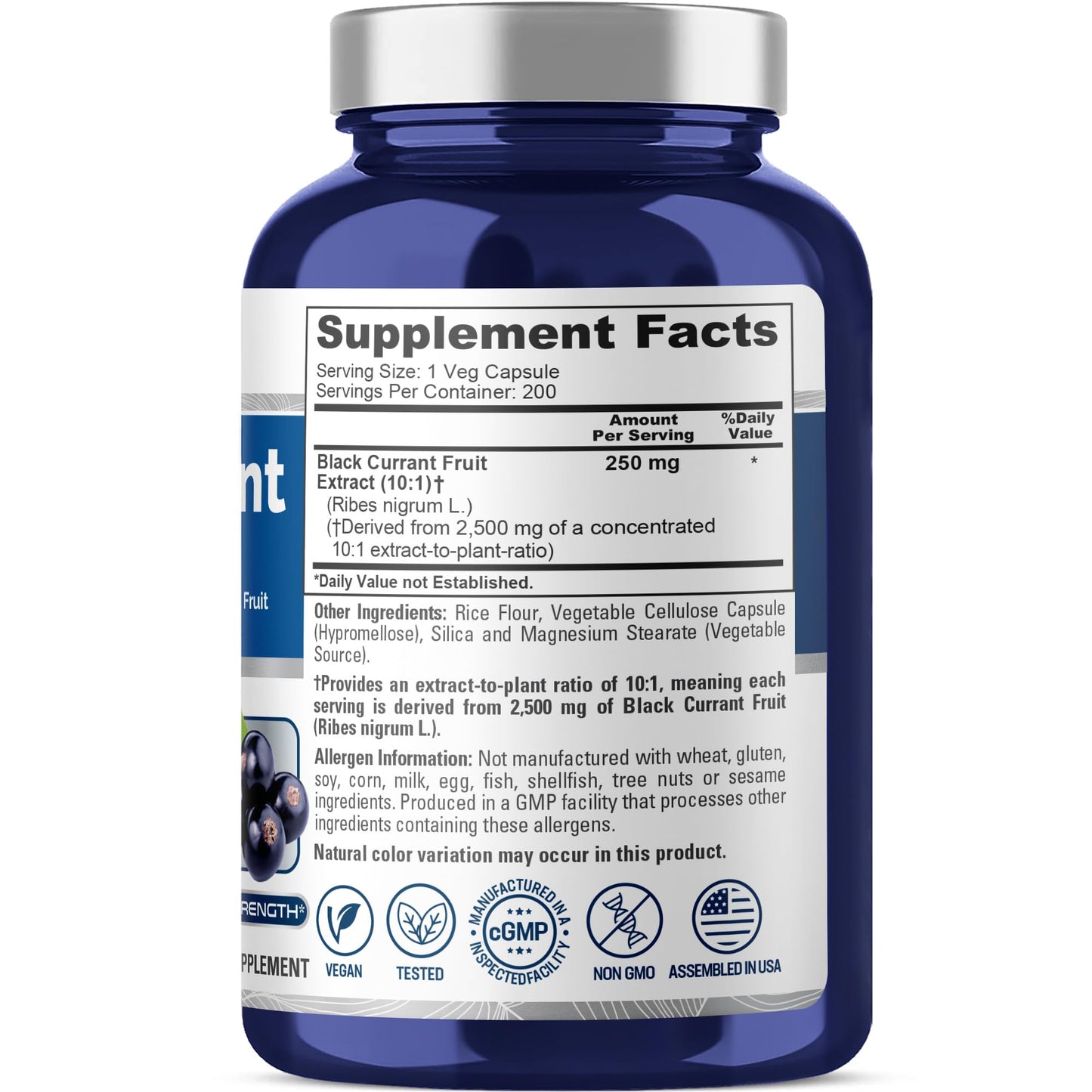 NusaPure Black Currant 10:1 Extract, 250 mg Equivalent to 2,500mg, per Veg Caps 200 Vegan, Non-GMO