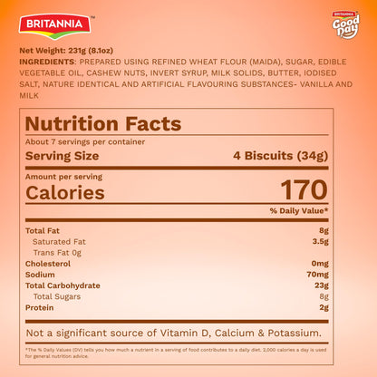 Britannia Good Day Cashew Cookies, 231g (8.1 oz) – Crunchy Cashew Biscuits, Perfect Tea-Time & Anytime Snack