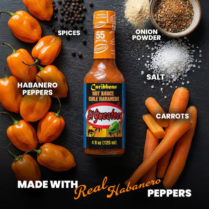 El Yucateco Caribbean Habanero Hot Sauce, Authentic Mexican Caribbean Style, Habanero Pepper Sauce, 4 fl oz Bottles, Pack of 1