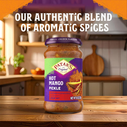 Patak’s Hot Mango Pickle - Authentic Indian Relish w/Mango Chunks, Mustard Seeds & Aromatic Spices – Perfect for Sandwiches, Salads & Cold Meats - Vegan Spicy Pickle - 10oz Jar (Pack of 1)