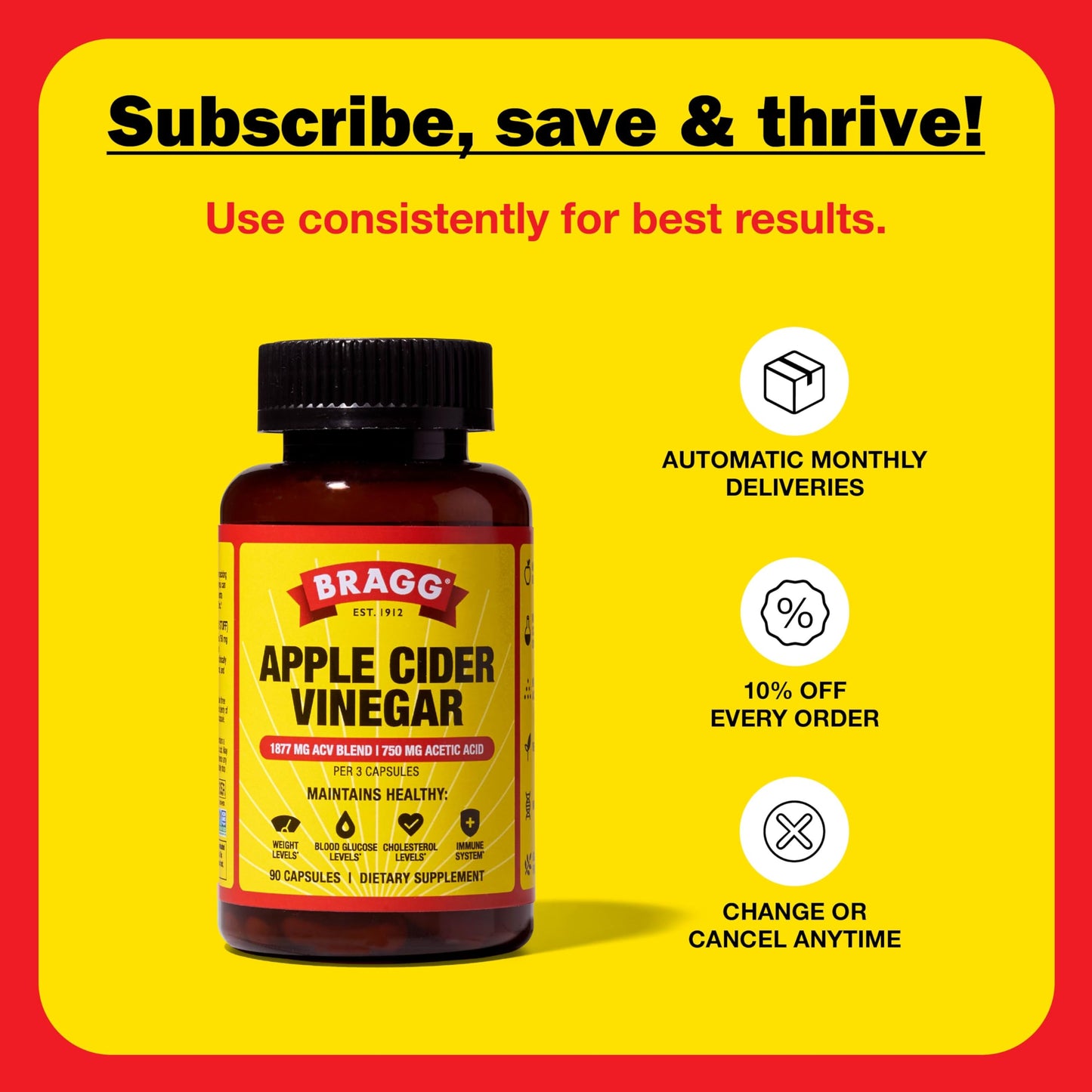 Bragg Organic Apple Cider Vinegar Capsules with Vitamin D and Zinc - 90 Count - Supports Immune System