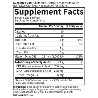Garden of Life Minami Supercritical Platinum Omega 3 Fish Oil Supplement - Orange, 30 Softgels, Ultimate Once Daily Fish Oil Omega 3 for Heart & Brain Health, 1100mg Omega-3s + 1,000 IU Vitamin D3