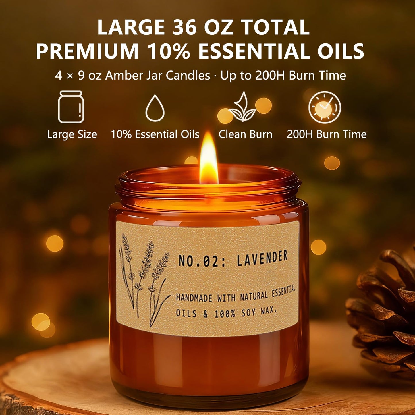 Scented Candles for Women – Large 36 oz Scented Candle Gift Set for Birthday Valentine's Day, Natural Soy Wax Amber Jar Candles with Lavender & Sage, 4-Pack Aromatherapy Set