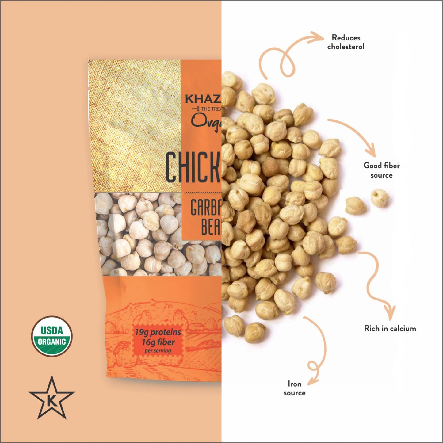 Khazana Organic Chickpeas 7lb - Garbanzo Beans | Non-GMO, Gluten Free & Kosher | Authentic Lentils From India