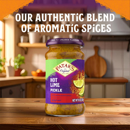Patak’s Hot Lime Pickle - Authentic Indian Relish w/Lime Dices, Mustard Seeds & Aromatic Spices - Perfect for Sandwiches, Curries, Salads & Cold Meats - Vegan Spicy Pickle - 10oz Jar (Pack of 1)