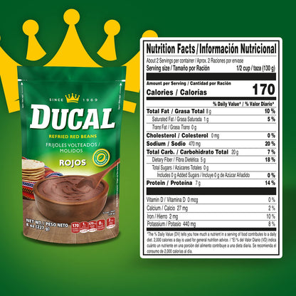Ducal Refried Red Beans Pouch, 8 Ounce (Pack of 24) - Instant Vegetarian Refried Red Beans, Non-GMO And Gluten-Free - Excellent Source in Protein And Iron, Cholesterol Free