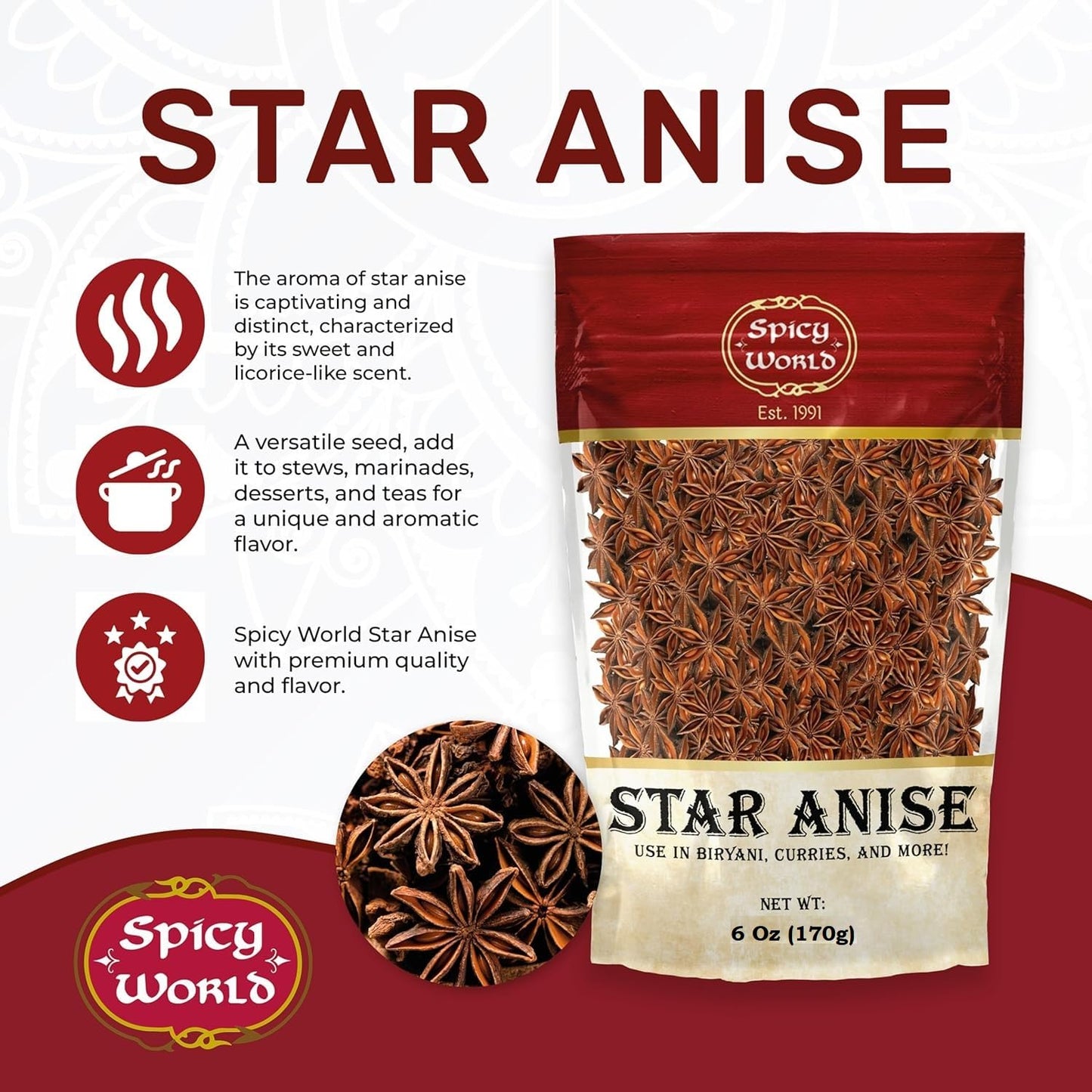 Star Anise Whole Pods 6 Oz Bag -Premium Quality, Vegan, All Natural, Dried, Great for Baking & Tea by Spicy World