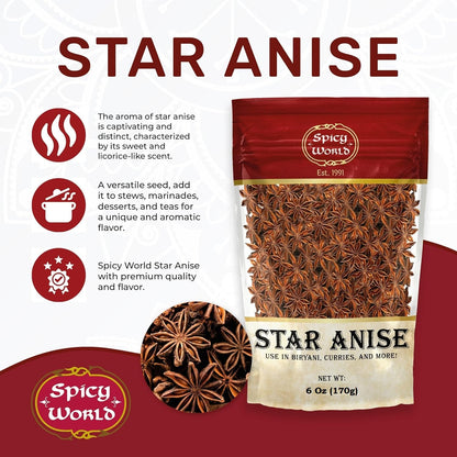 Star Anise Whole Pods 6 Oz Bag -Premium Quality, Vegan, All Natural, Dried, Great for Baking & Tea by Spicy World