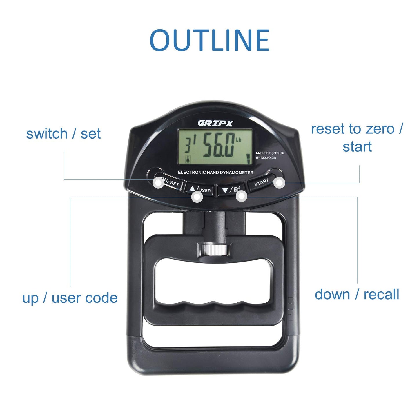 GRIPX Digital Hand Dynamometer Grip Strength Measurement Meter Auto Capturing Electronic Hand Grip Power 198Lbs / 90Kgs