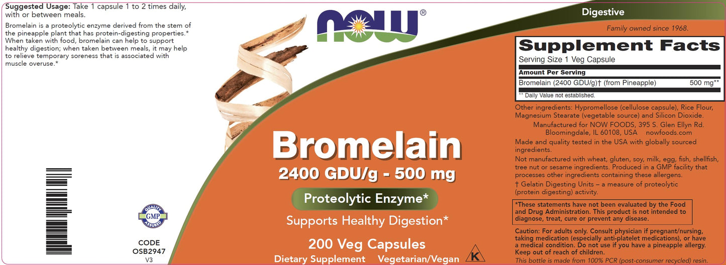 Now Bromelain 500 mg, 200 Veg Capsules - Natural Pineapple, Proteolytic Enzyme Supplement, 2400 GDU