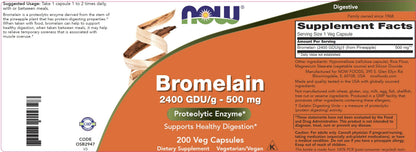 Now Bromelain 500 mg, 200 Veg Capsules - Natural Pineapple, Proteolytic Enzyme Supplement, 2400 GDU