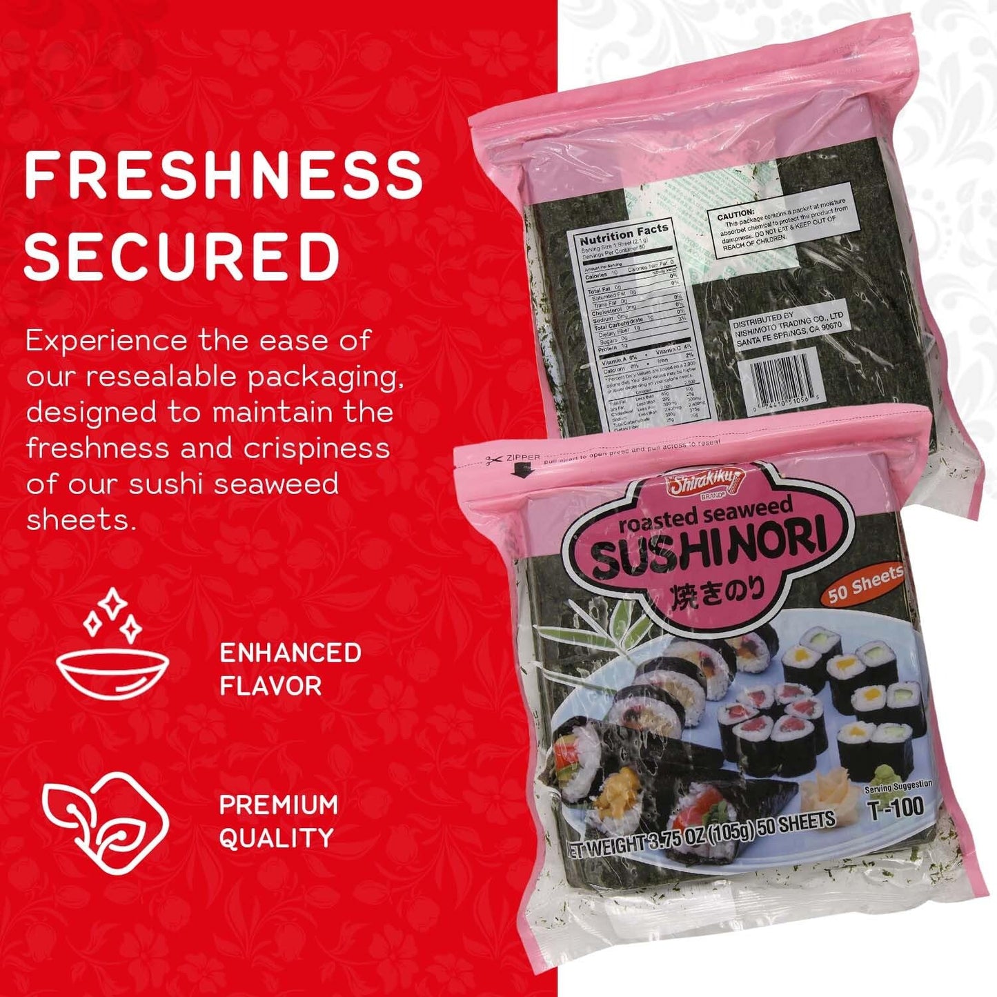 "Shirakiku Sushi Nori Seaweed - Japanese Sushi Nori Roasted Seaweed Sheets for Sushi Rolls | Perfect for Soups, Tofu, and Salads | Pack of 1 Contains 50 Sheets, 3.75OZ"