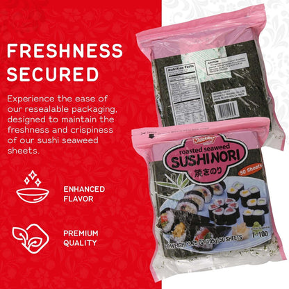 "Shirakiku Sushi Nori Seaweed - Japanese Sushi Nori Roasted Seaweed Sheets for Sushi Rolls | Perfect for Soups, Tofu, and Salads | Pack of 1 Contains 50 Sheets, 3.75OZ"