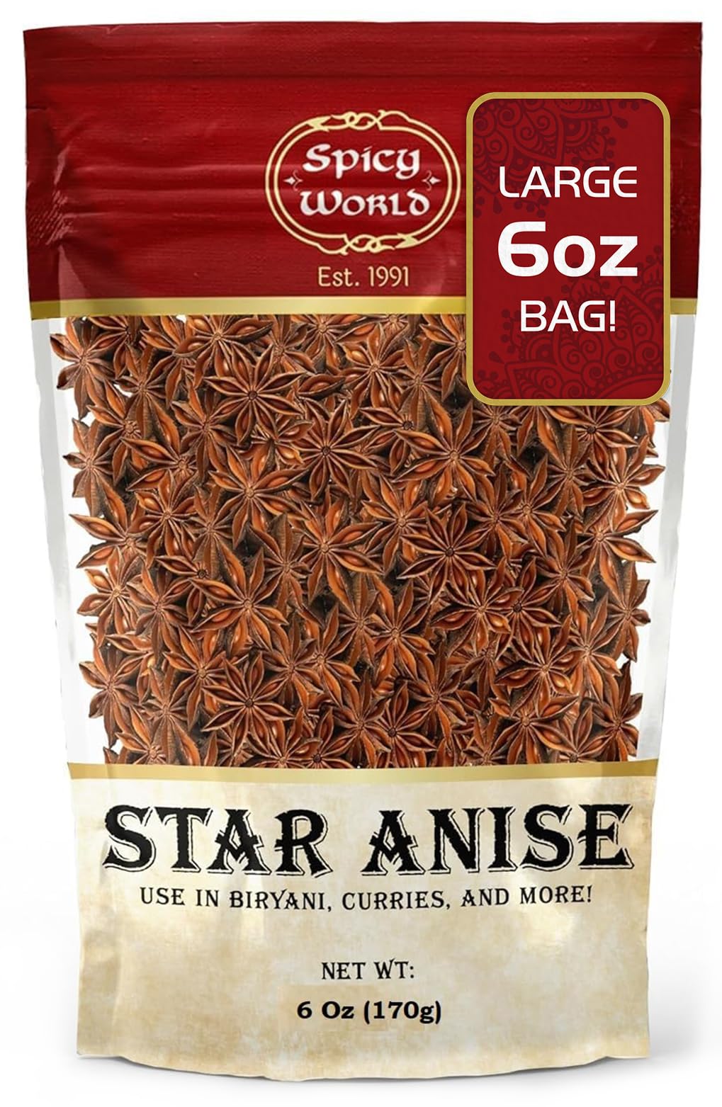 Star Anise Whole Pods 6 Oz Bag -Premium Quality, Vegan, All Natural, Dried, Great for Baking & Tea by Spicy World