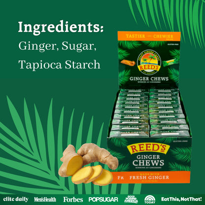 Reed's All Natural Ginger Chews Chewy Ginger Candy - Sweet & Spicy Individually Wrapped Candy For Snacking, Upset Stomach & Morning Sickness - Vegan Snacks - 2oz Box, Bulk Pack of 20)