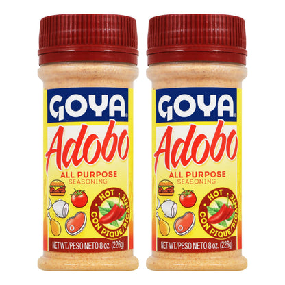 Adobo Hot All Purpose Spice by Goya, Poultry, Seafood, Meat, and Vegetable Seasoning, Latin Spicy Blend, Mexican Seasoning, Pack of 2, 8oz. Bottle