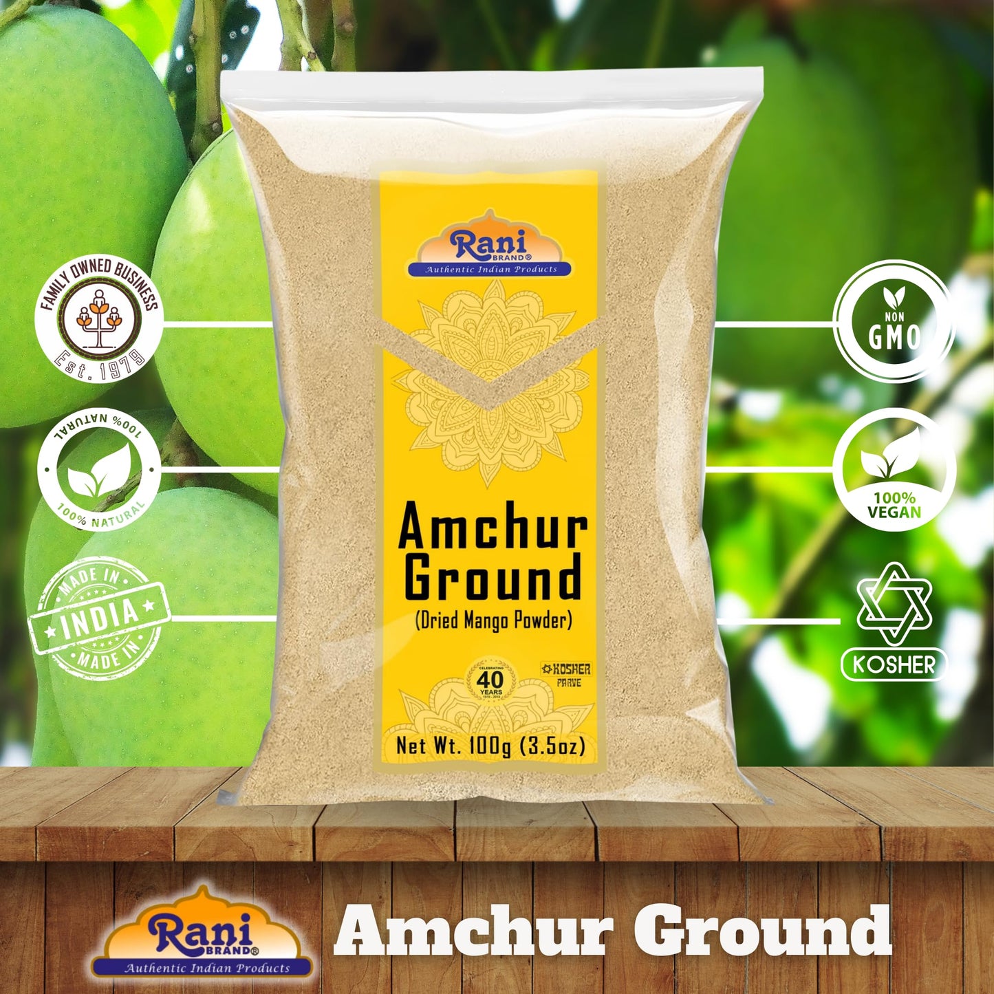 Rani Amchur (Mango) Ground Powder Spice 3.5oz (100g) ~ All Natural, Indian Origin | No Color | Gluten Friendly | Vegan | NON-GMO | Kosher | No Salt or fillers