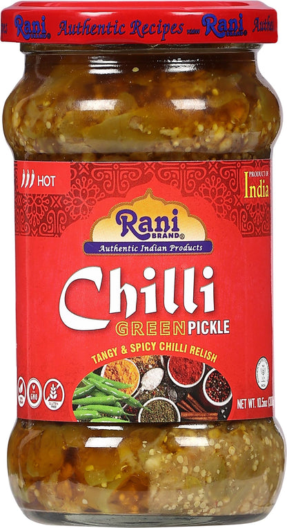Rani Green Chilli Pickle Hot (Achar, Spicy Indian Relish) 10.5oz (300g) Glass Jar ~ Vegan | Gluten Free | NON-GMO | Kosher | No Colors | Popular Indian Condiment, Indian Origin