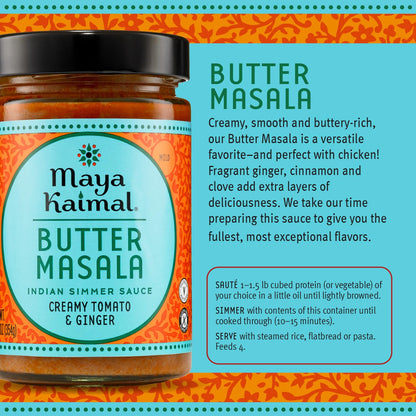 Maya Kaimal Butter Masala Sauce, 12.5 oz, Mild Indian Simmer Sauce with Creamy Tomato and Ginger. Vegetarian, Gluten Free
