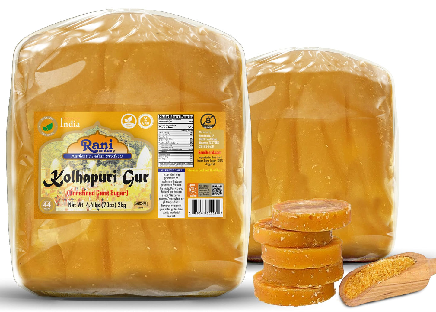 Rani Kolhapuri Gur (Jaggery) 70oz (4.4lbs) 2kg ~ Unrefined Cane Sugar, No Color added, Gluten Friendly | Vegan | NON-GMO | Kosher | No Salt or fillers