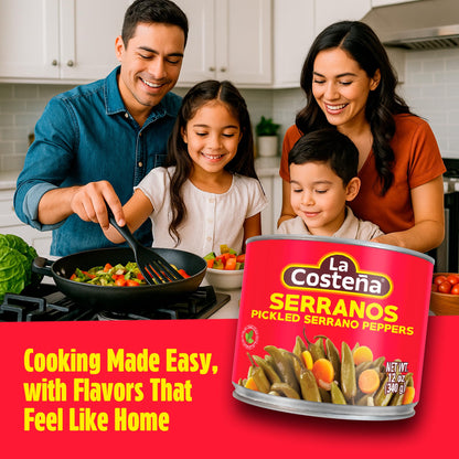 La Costeña Whole Serrano Pepper & Sliced Carrots - Spicy Green Chiles for Mexican Food, Pico de Gallo, Taco Seasoning, Salsa Verde & Guacamole - Hot Pickled Vegetables - 12oz, 12 Pack Cans