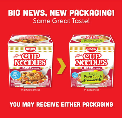 Nissin Cup Noodles Soup, Beef Flavor, Microwaveable Paper Cups, Instant Ramen, 2.25 Ounce (Pack of 12)