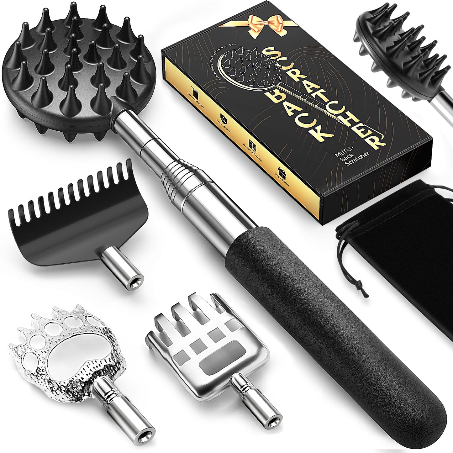 TUKUOS Telescoping Back Scratcher with 5 Detachable Scratching Heads, Rubber Handles, Anniversary Birthday Gifts for Men Women Back Scratcher for Men/Dad/Women/Adults