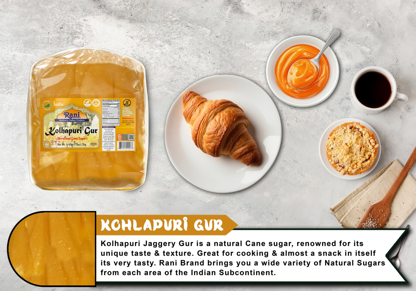 Rani Kolhapuri Gur (Jaggery) 70oz (4.4lbs) 2kg ~ Unrefined Cane Sugar, No Color added, Gluten Friendly | Vegan | NON-GMO | Kosher | No Salt or fillers