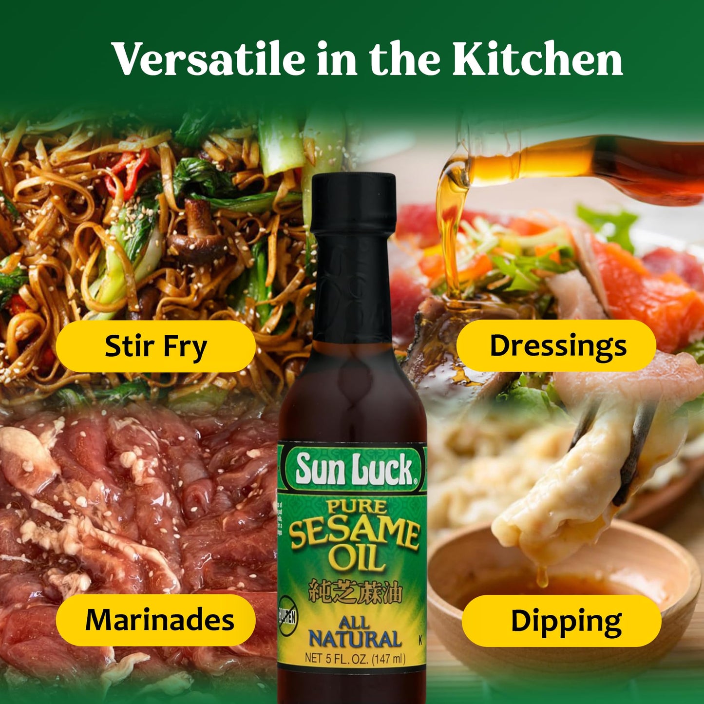 Sun Luck Pure Sesame Oil 5 oz Bottle – Aromatic Toasted Sesame Flavor for Stir-Fry, Marinades, Dressings & Dumpling Dipping; Authentic Asian Pantry Staple.