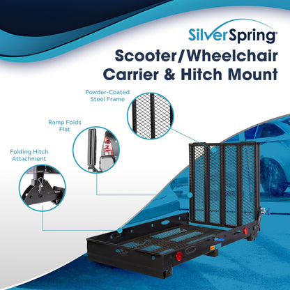 Silver Spring Folding Steel Wheelchair Carrier with Ramp & Hitch Mount, 48" x 27.75", Black - Heavy-Duty and Foldable Mobility Carrier for Scooter Vehicles and Wheelchairs
