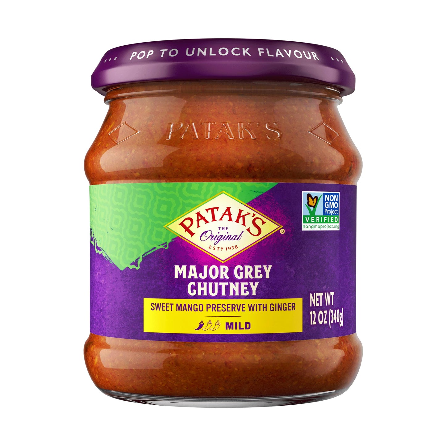 Patak’s Major Grey Chutney - Sweet & Mild Mango Chutney with Ginger & Aromatic Spices - Non-GMO, Vegan & Gluten-Free - Perfect for Chicken, Cheese Platters & Curry Sides - 12 oz (Pack of 1)
