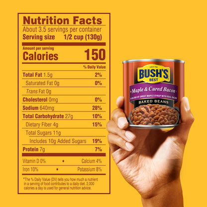 BUSH'S BEST 16 oz Canned Maple Cured Bacon Baked Beans Source of Protein and Fiber, Low Fat, Gluten Free, (Pack of 12)