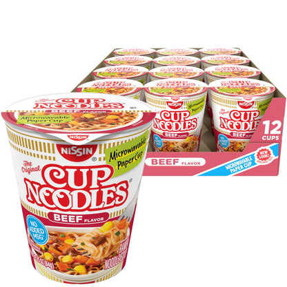 Nissin Cup Noodles Soup, Beef Flavor, Microwaveable Paper Cups, Instant Ramen, 2.25 Ounce (Pack of 12)