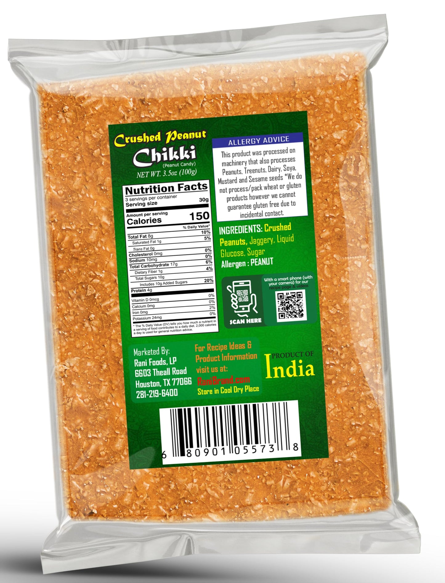 Rani Crushed Peanut Chikki (Brittle Candy) 3.5oz (100g) x Pack of 2 ~ All Natural | Vegan | No colors | Gluten Friendly | Kosher | Indian Origin
