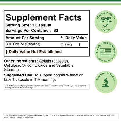 Double Wood Supplements CDP Choline (Citicoline) Supplement, Pharmaceutical Grade, Third Party Tested (60 Capsules 300mg)