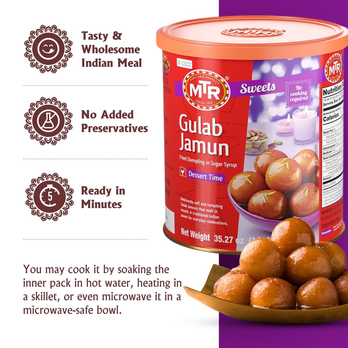 MTR Gulab Jamun – Traditional Indian Sweet – Soft & Melt-in-the-Mouth Texture – Easy to Prepare at Home – No Preservatives – 35.7 oz