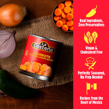 La Costeña Sliced Pickled Carrots with Pickled Jalapenos - Sliced Carrots with Jalapeno Peppers - Mexican Food, Taco Toppings & Salsa - Hot Pickled Vegetables - 14.1oz, 12 Pack Canned Vegetables