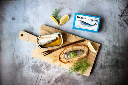 Matiz Sardines in Olive Oil, 4.2 Ounce Can, Spanish Gourmet Wild Caught Natural Fish for Tapas, Snacks, or Meals, Protein Rich, Sealed Freshness