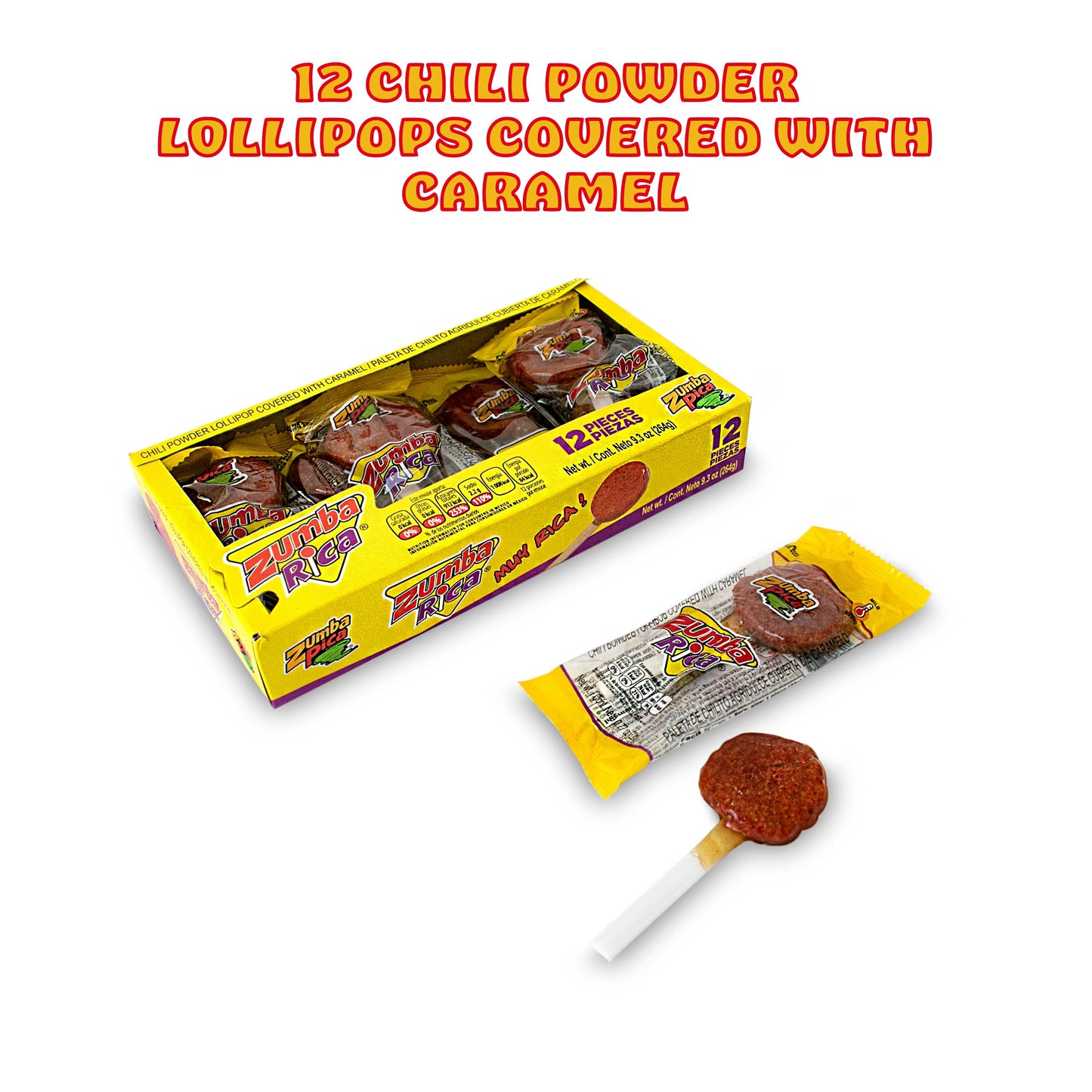 Zumba Rica Chilito Chili Powder Lollipop 12pcs - Lollipops with Chili Powder Cover with Caramel - Mexican Lollipop – Chili Powder Candy - Mexican Suckers with Chili Powder - Mexican Candy