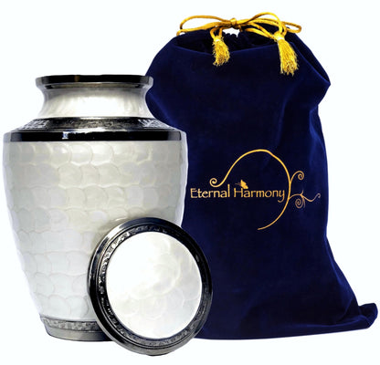 Eternal Harmony Large Urn for Ashes, Adult Male & Female Cremation Urn for Human Ashes with Elegant Finishes, Secure Seal & Velvet Bag, Funeral Vase for Men & Women Up to 200 lbs (White Pearl)