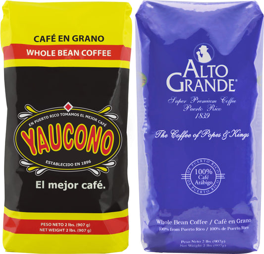 Alto Grande Medium-Dark Roast and Yaucono Medium Roast, Whole Bean Coffee, one bag of each, 2 Pound (Pack of 2)