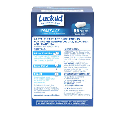 Lactaid Fast Act Lactose Intolerance Caplets with Lactase Enzyme, Dairy Relief from Gas, Bloating & Diarrhea, 9000 FCC Lactose Intolerance Pills, 96 Individual Travel On-The-Go Packs (96 x 1 ct)